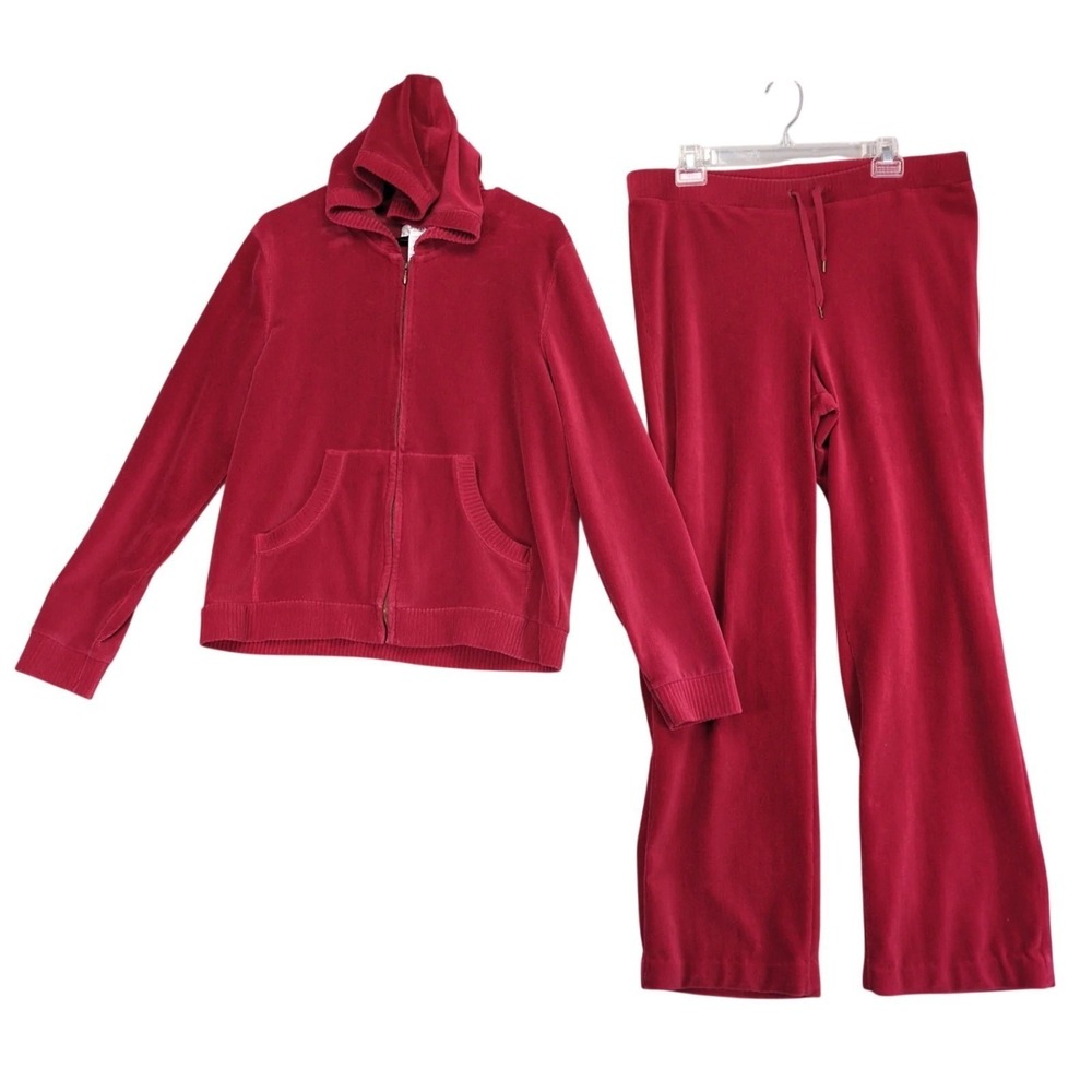 Vintage Y2K Jones Sport Red Velour 2pc Tracksuit Womens L Hoodie Jacket & Pants